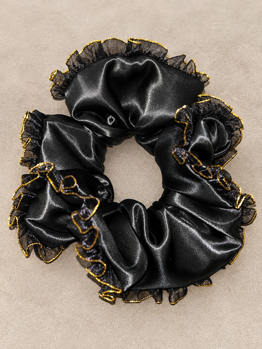Gold Frill Large Black scrunchie
