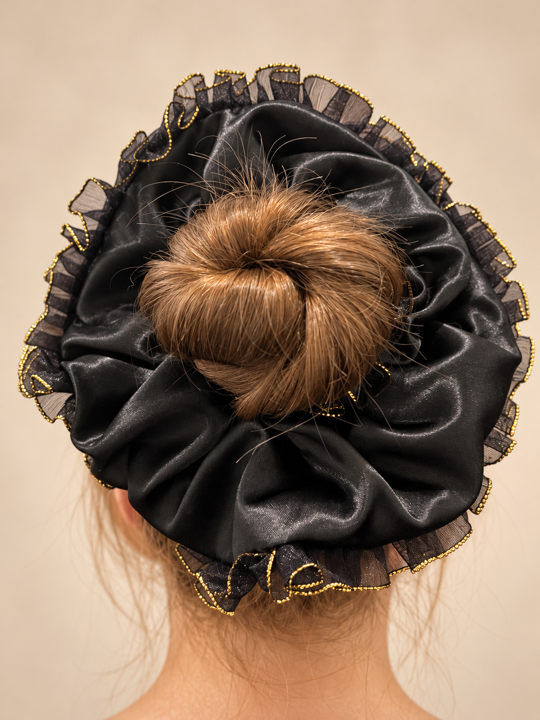 Gold Frill Large Black scrunchie