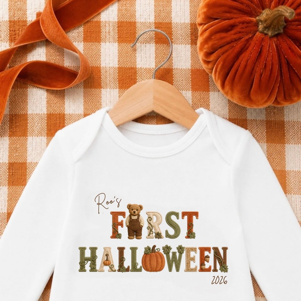 Vintage Pumpkin Bear Personalised Babygrow