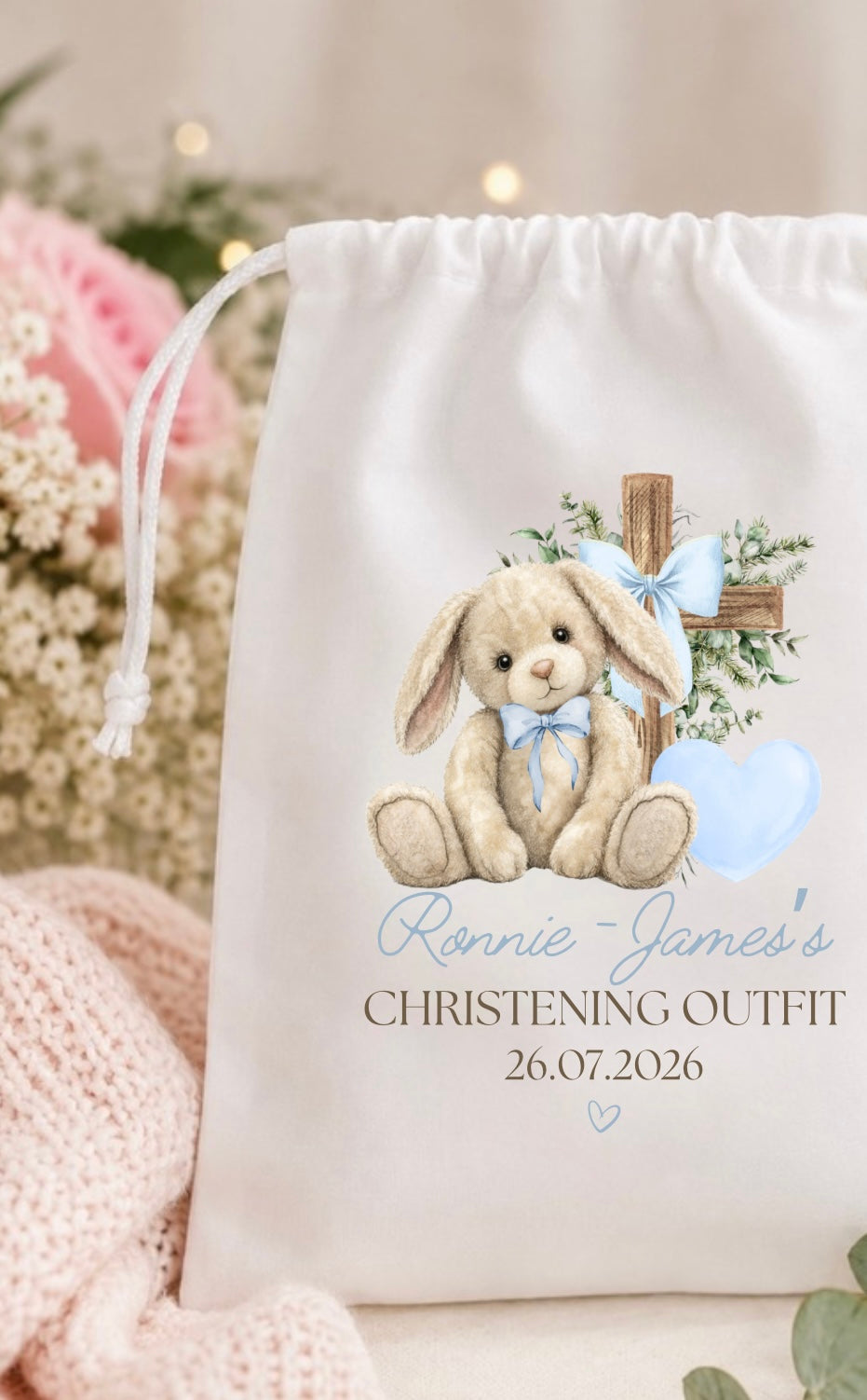 Personalised Christening Floppy Bunny Outfit Keepsake Bag