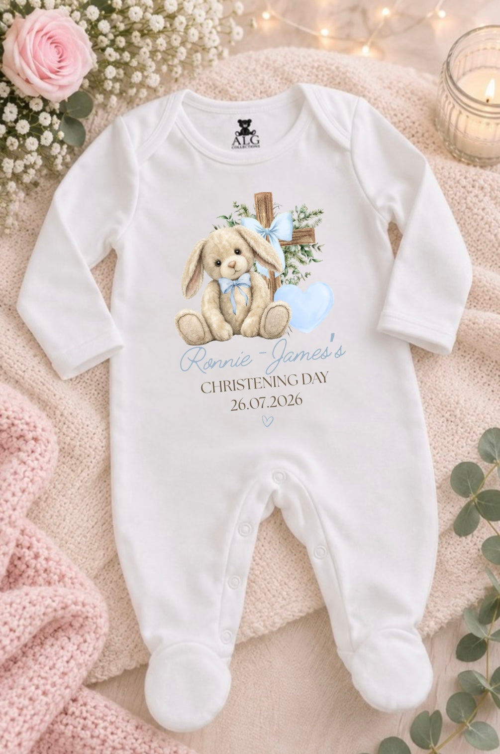 Personalised Christening Floppy Bunny Sleepsuit