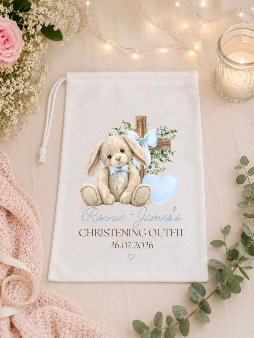 Personalised Christening Floppy Bunny Outfit Keepsake Bag