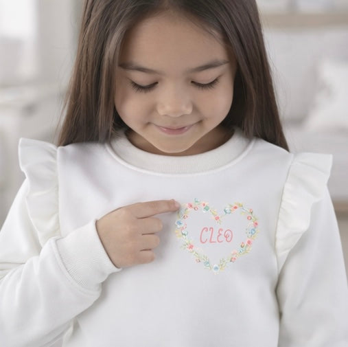 Personalised floral heart frill sleeved sweater