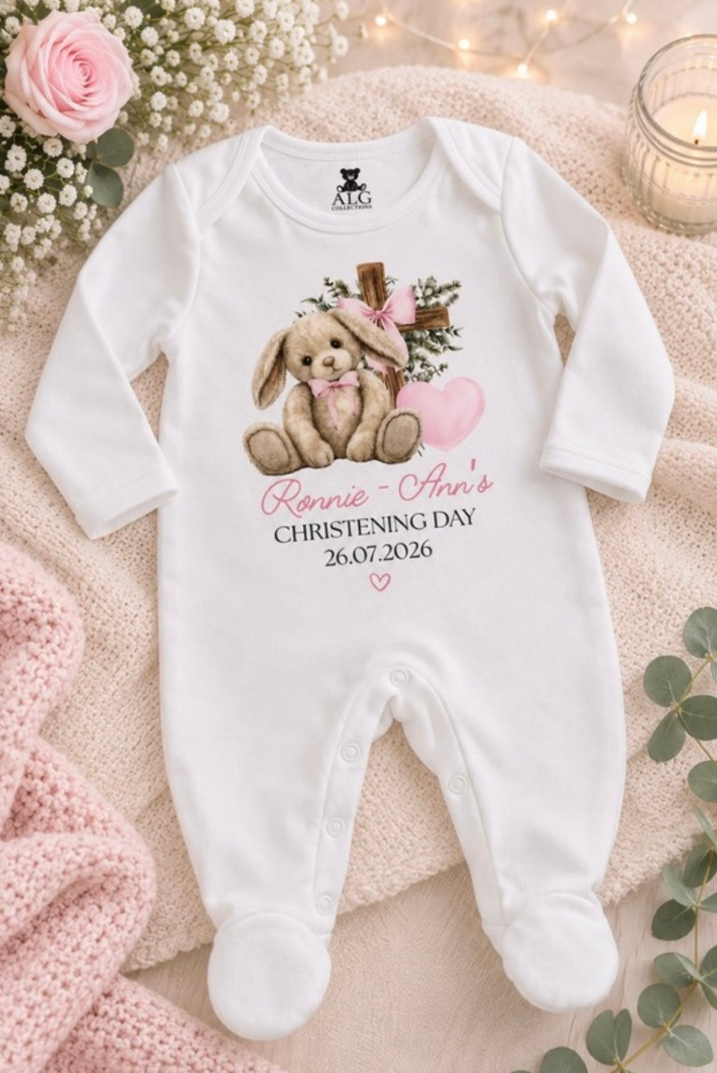 Personalised Christening Floppy Bunny Sleepsuit