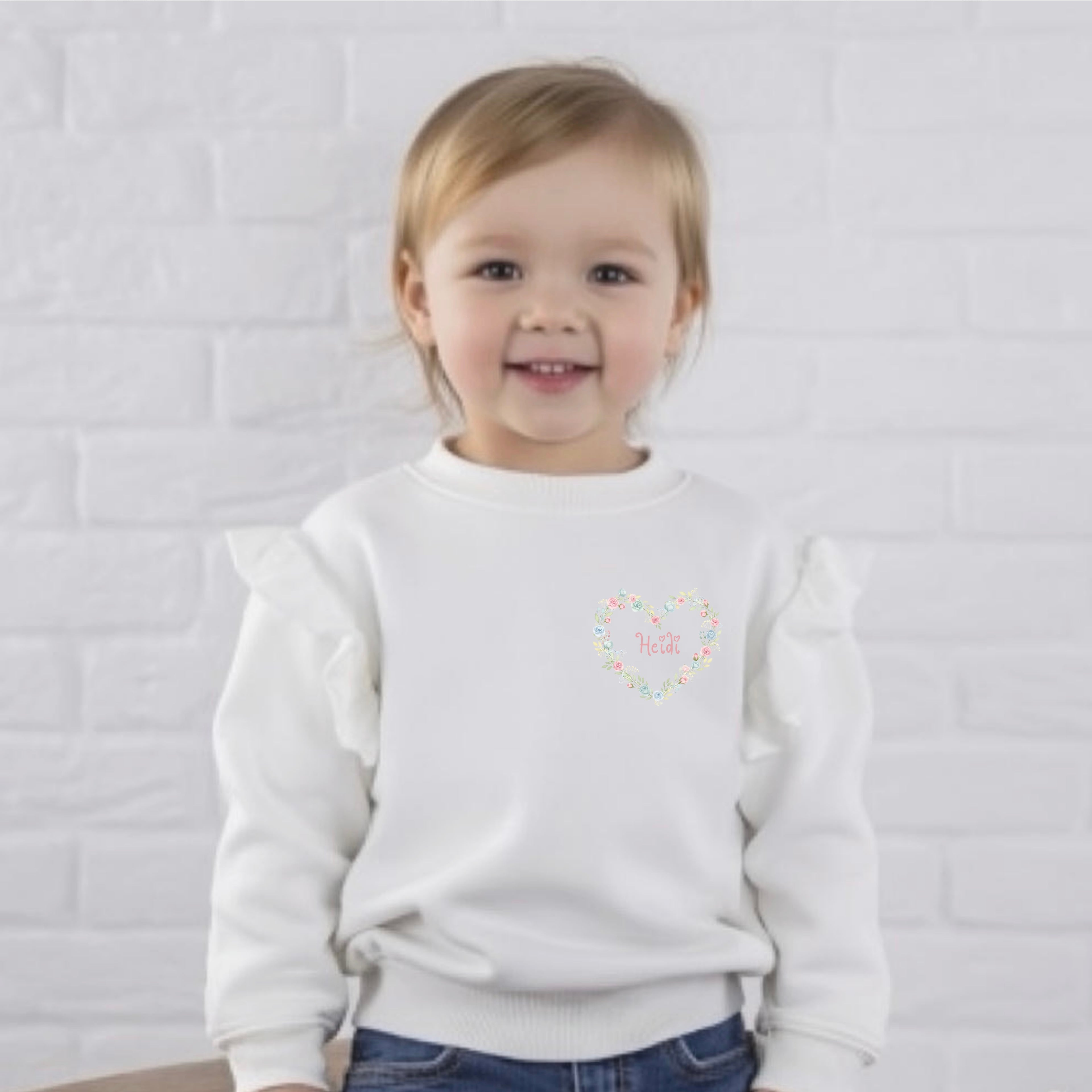 Personalised floral heart frill sleeved sweater
