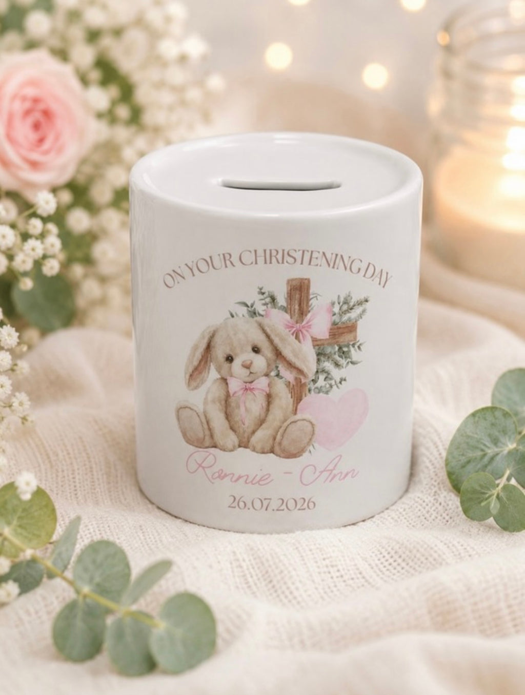 Personalised Christening Floppy Bunny Money Box