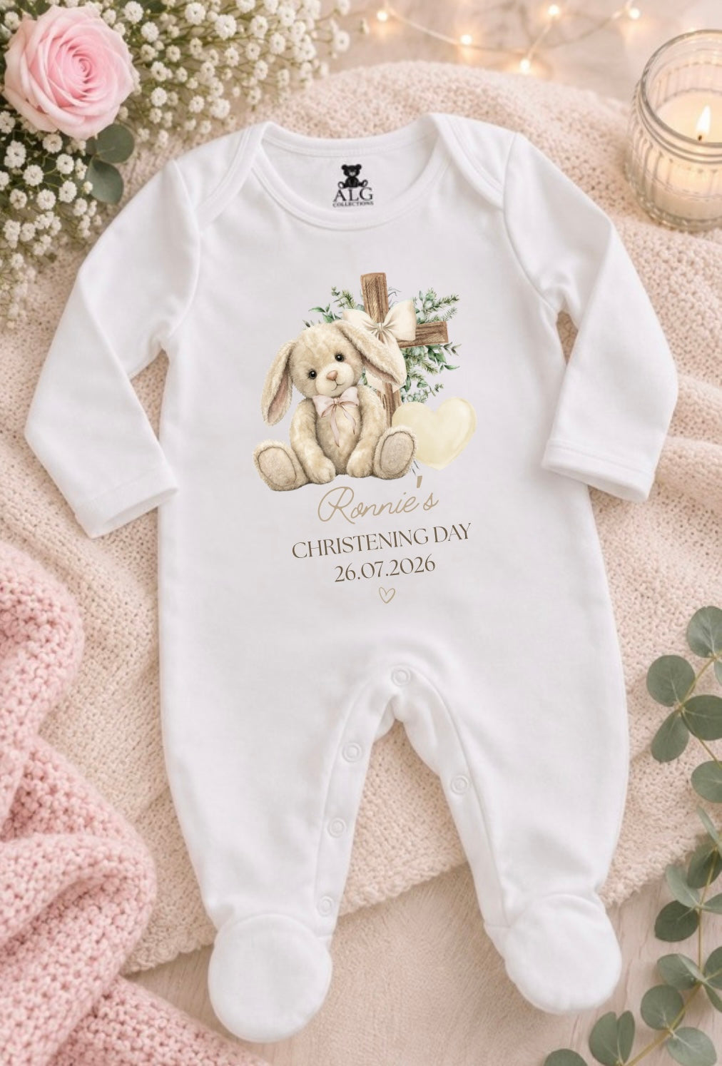Personalised Christening Floppy Bunny Sleepsuit