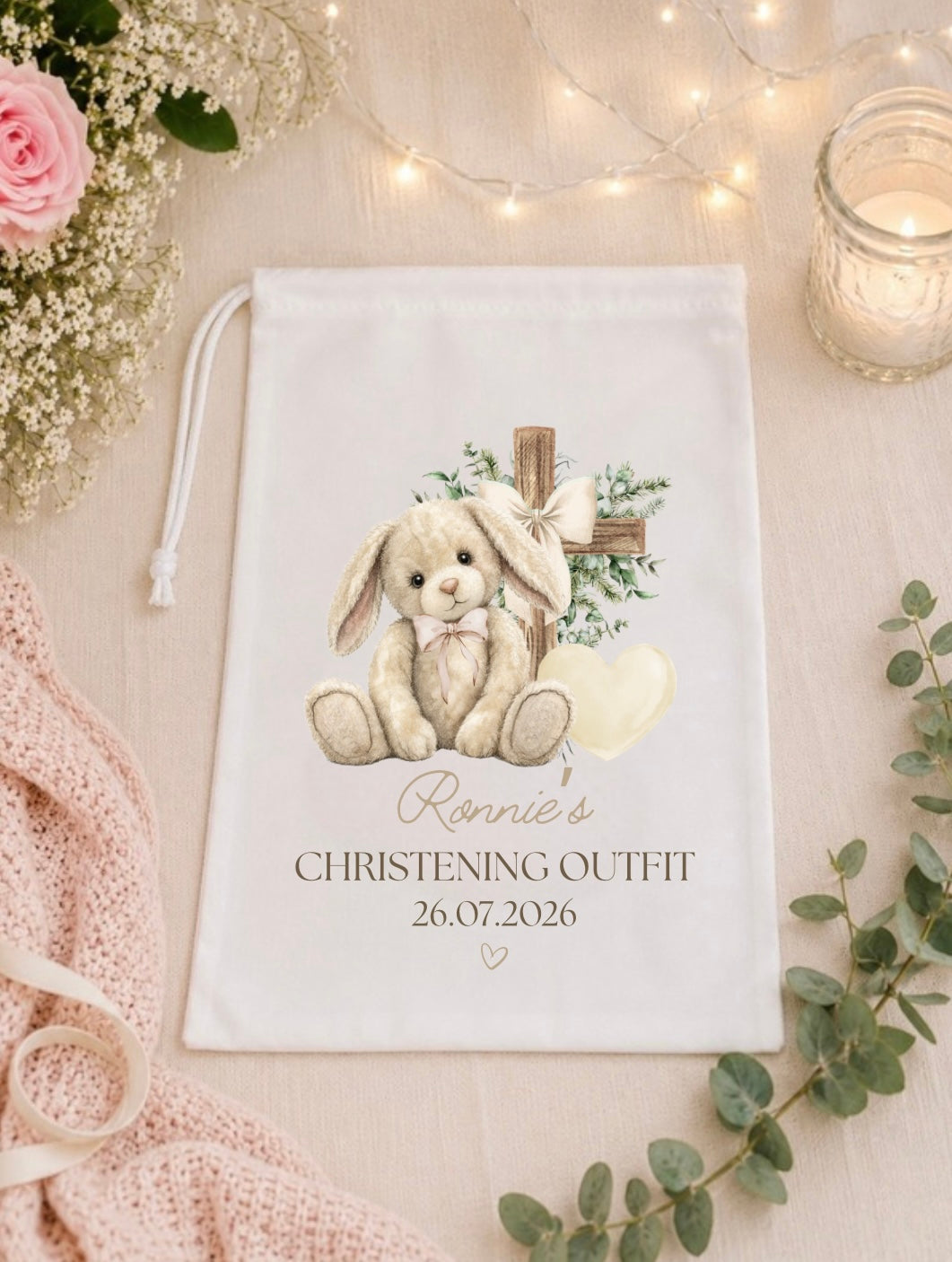 Personalised Christening Floppy Bunny Outfit Keepsake Bag