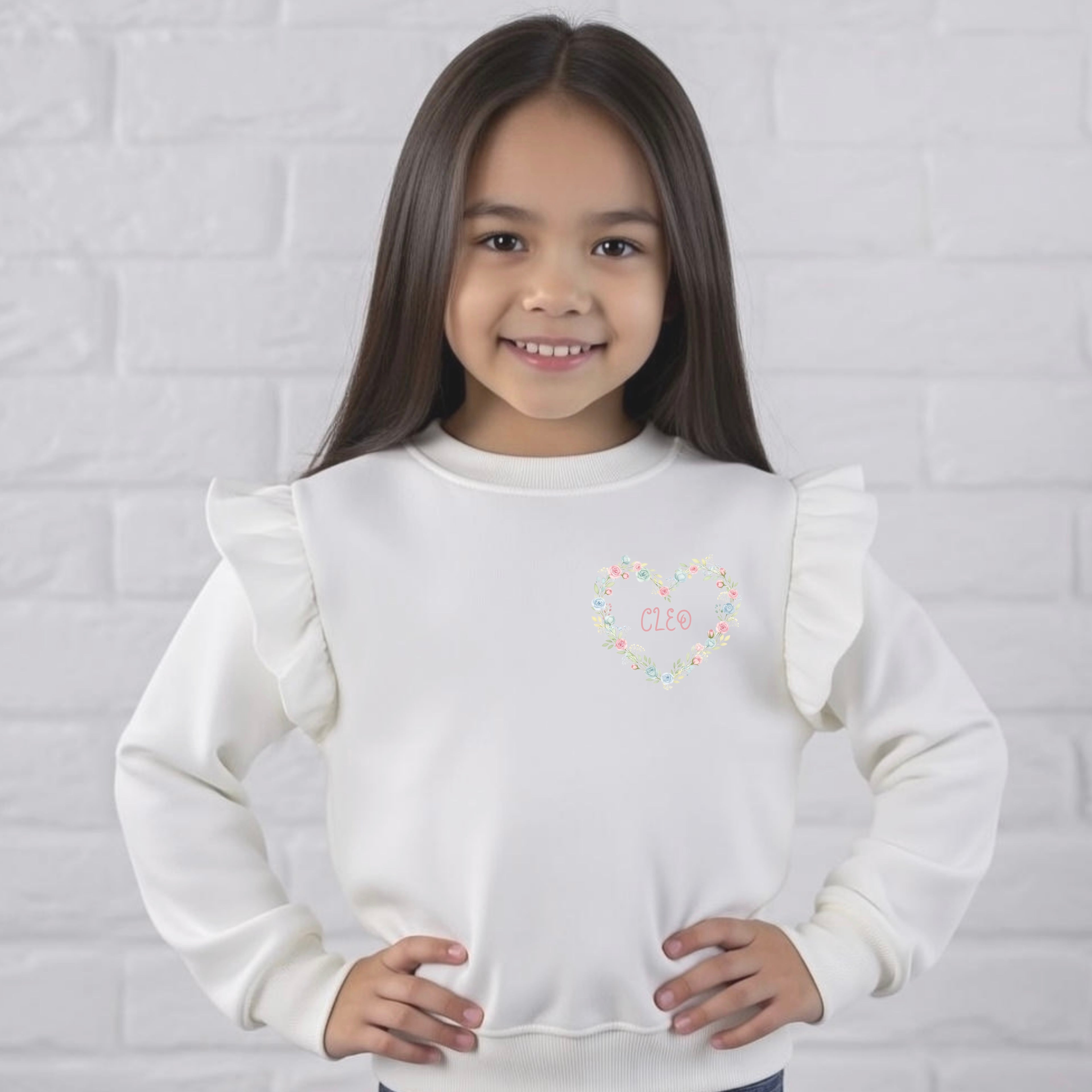 Personalised floral heart frill sleeved sweater
