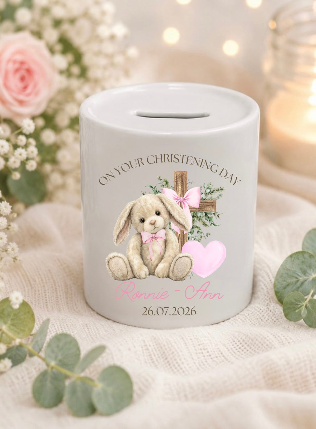 Personalised Christening Floppy Bunny Money Box