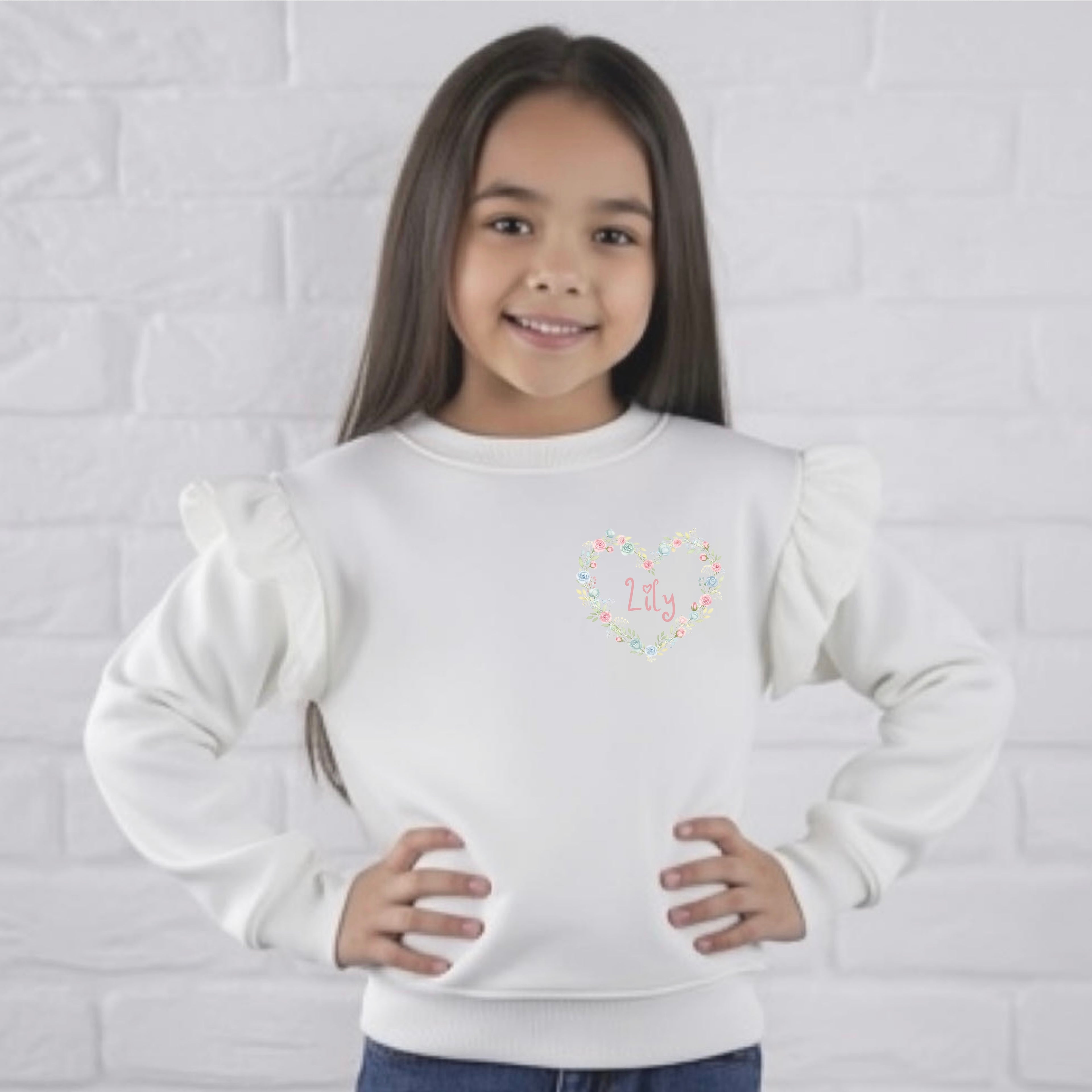 Personalised floral heart frill sleeved sweater