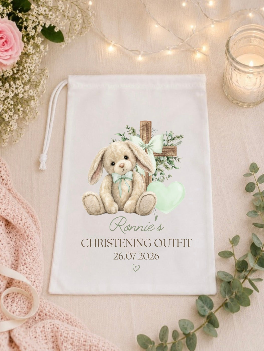Personalised Christening Floppy Bunny Outfit Keepsake Bag