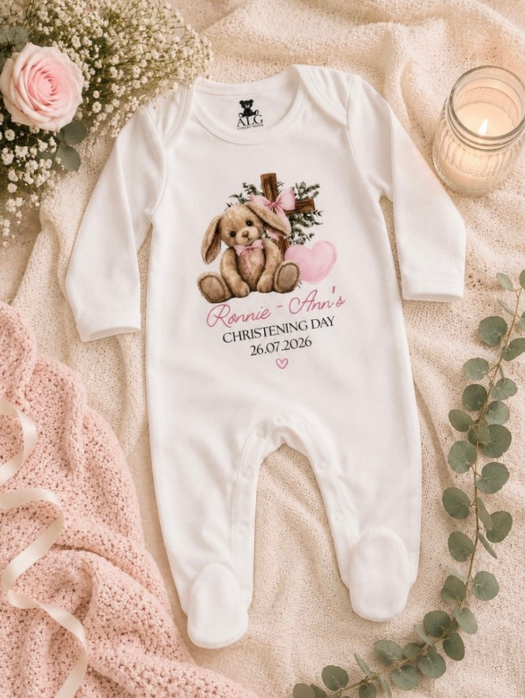 Personalised Christening Floppy Bunny Sleepsuit