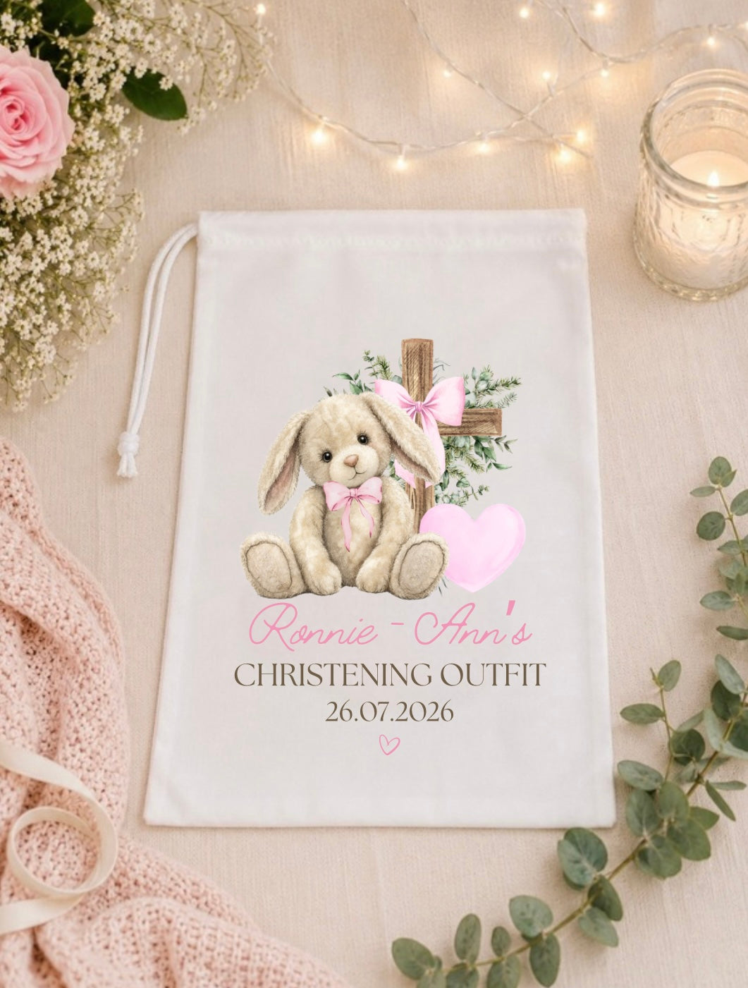Personalised Christening Floppy Bunny Outfit Keepsake Bag