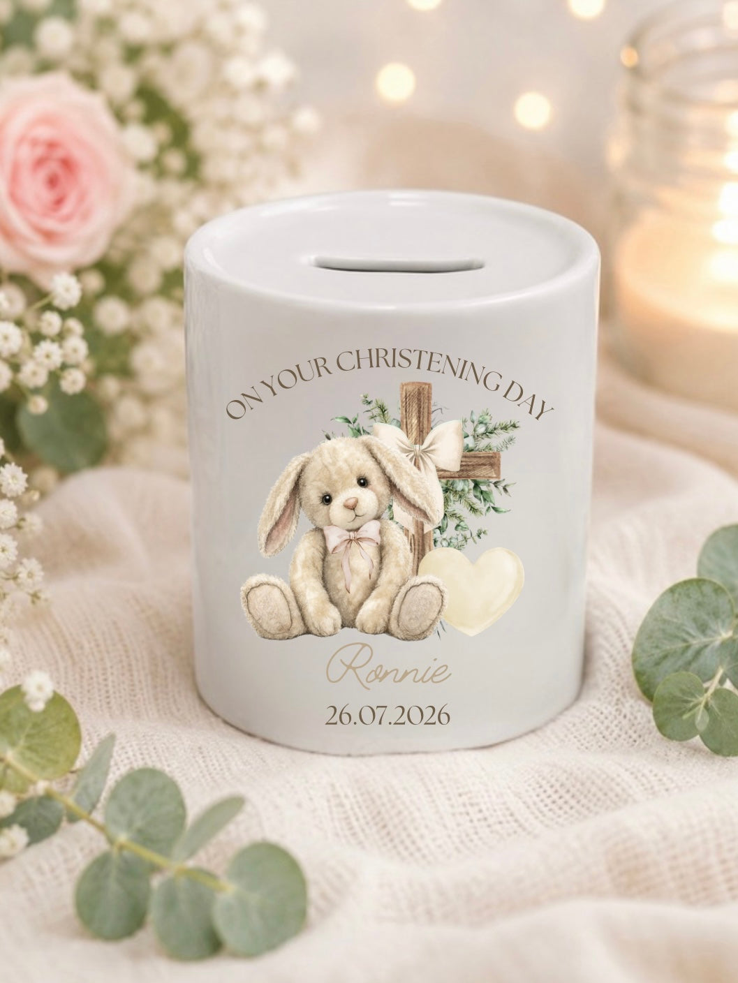 Personalised Christening Floppy Bunny Money Box