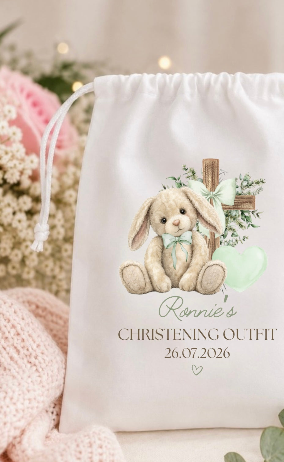 Personalised Christening Floppy Bunny Outfit Keepsake Bag