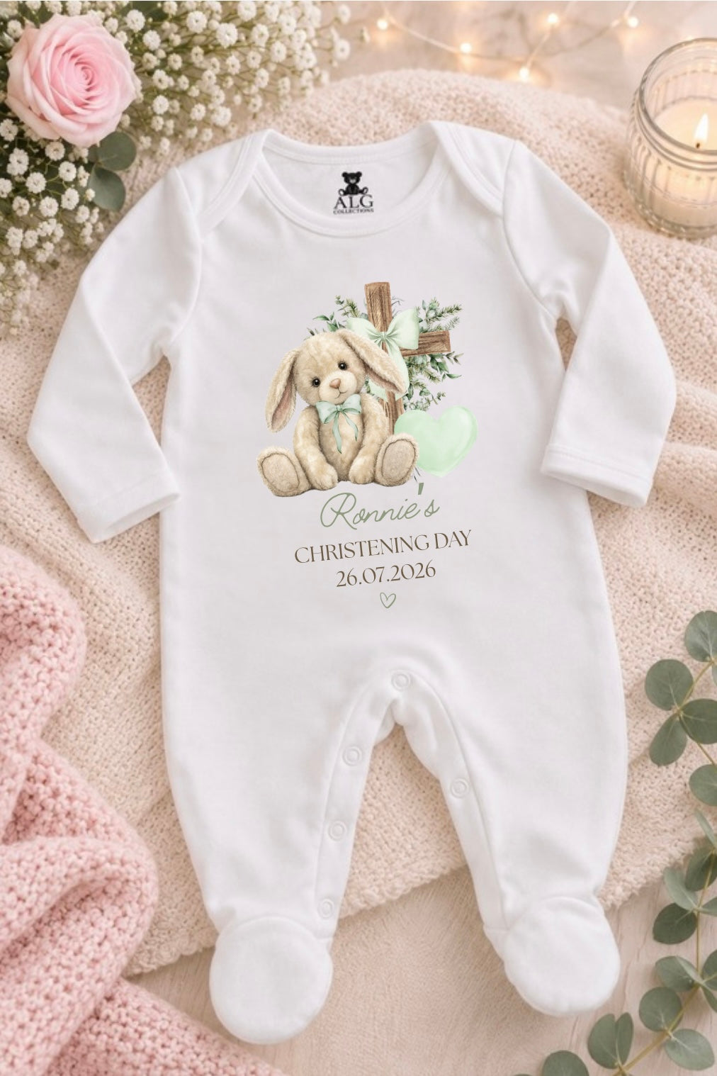 Personalised Christening Floppy Bunny Sleepsuit