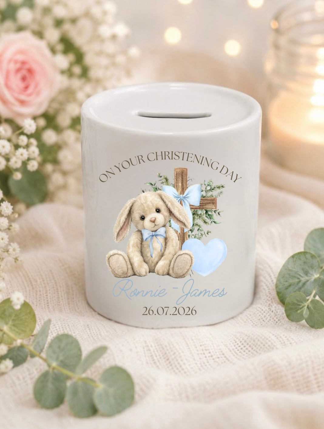 Personalised Christening Floppy Bunny Money Box