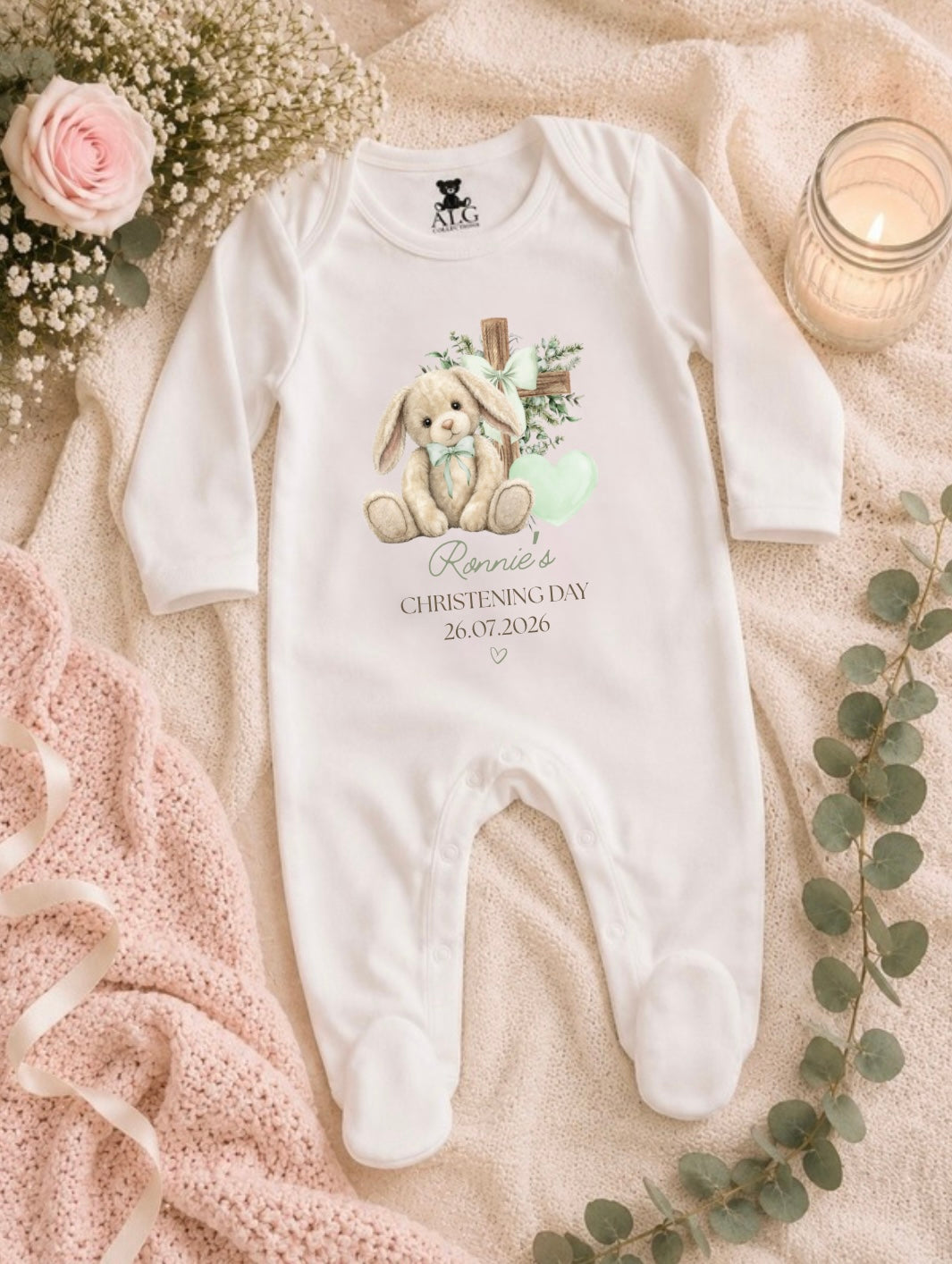 Personalised Christening Floppy Bunny Sleepsuit