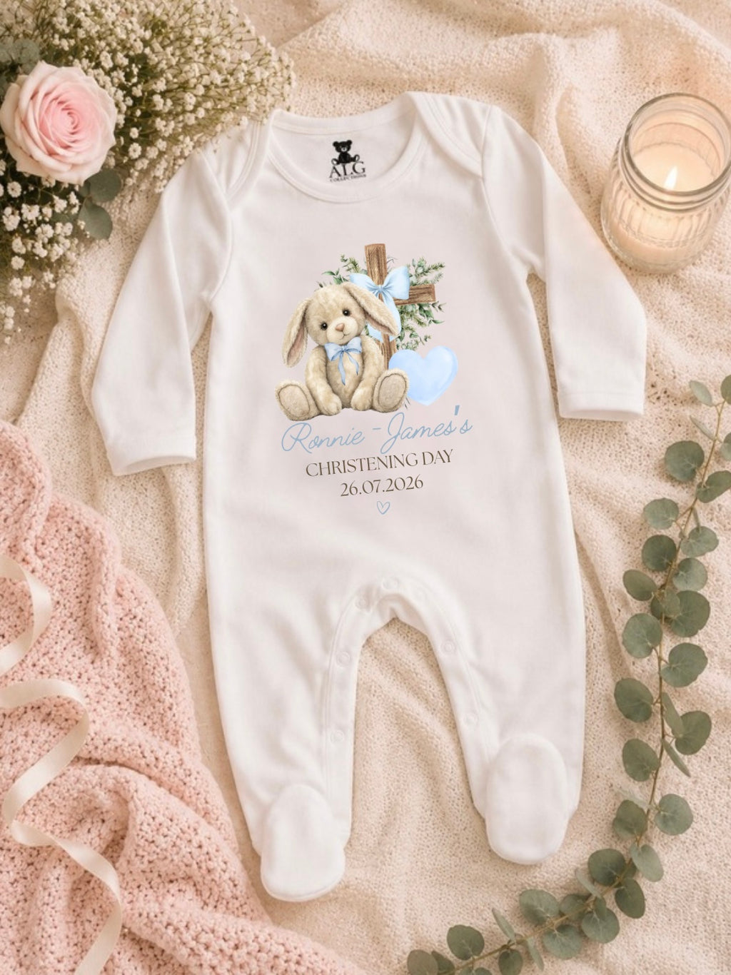Personalised Christening Floppy Bunny Sleepsuit