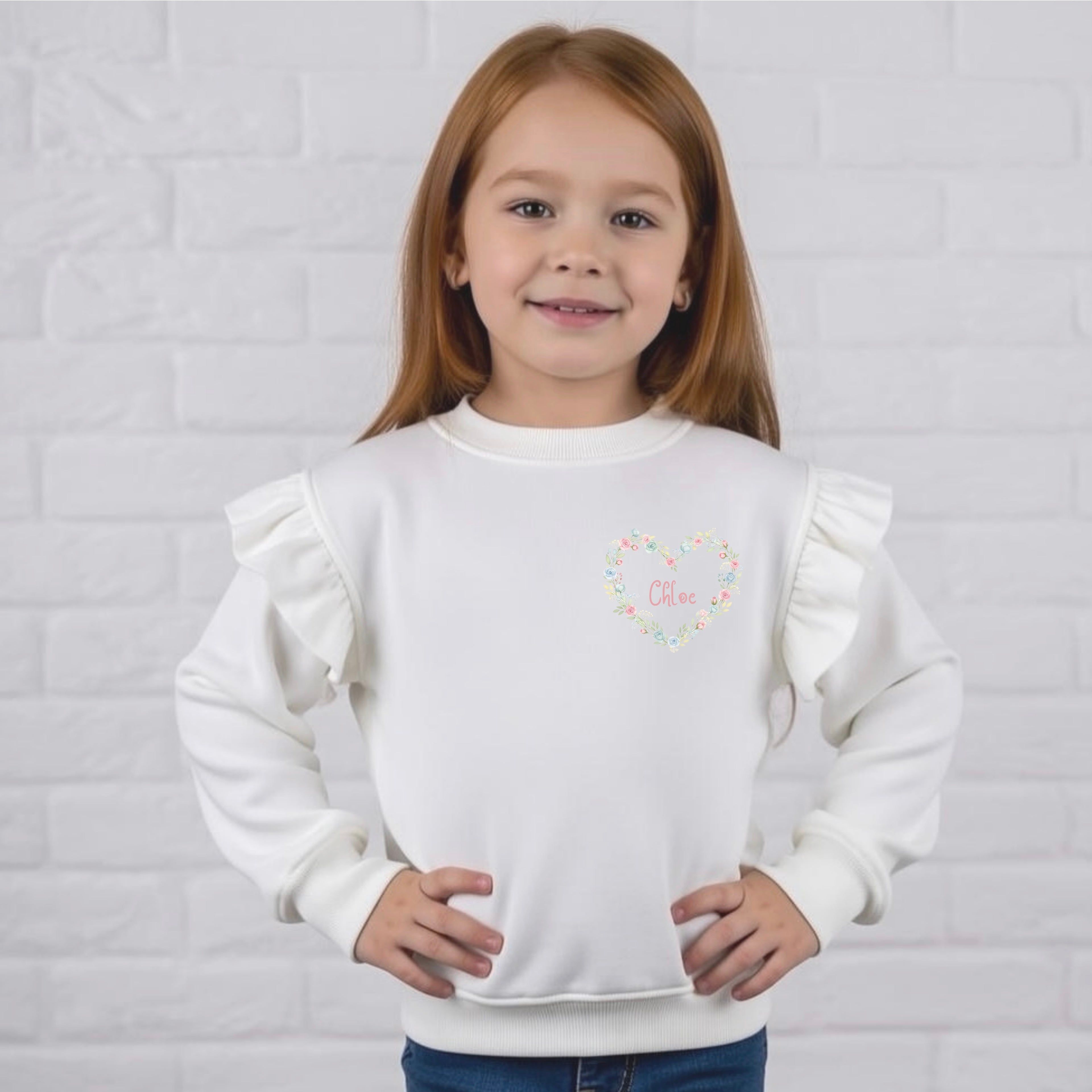 Personalised floral heart frill sleeved sweater