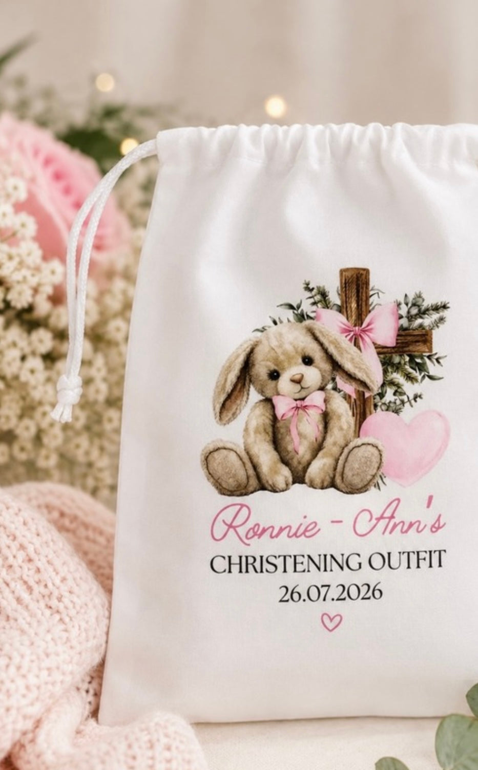 Personalised Christening Floppy Bunny Outfit Keepsake Bag