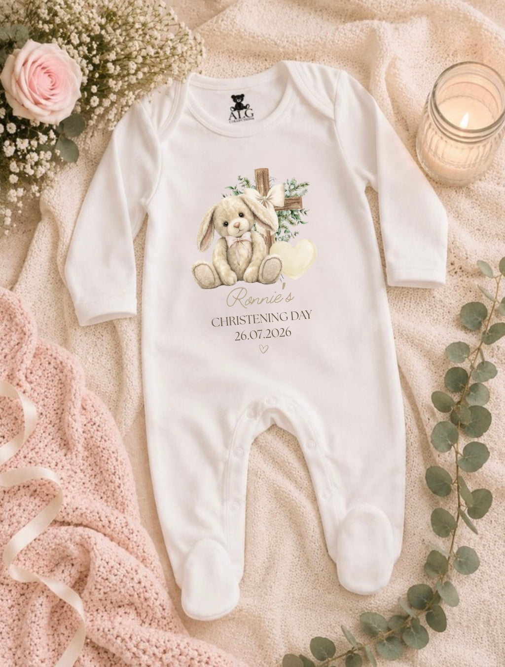 Personalised Christening Floppy Bunny Sleepsuit