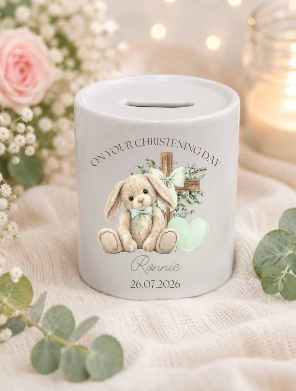 Personalised Christening Floppy Bunny Money Box