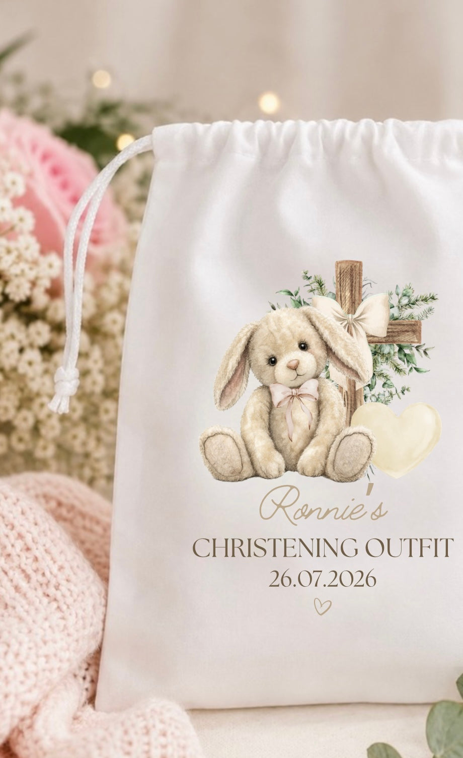 Personalised Christening Floppy Bunny Outfit Keepsake Bag