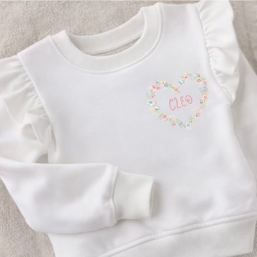 Personalised floral heart frill sleeved sweater