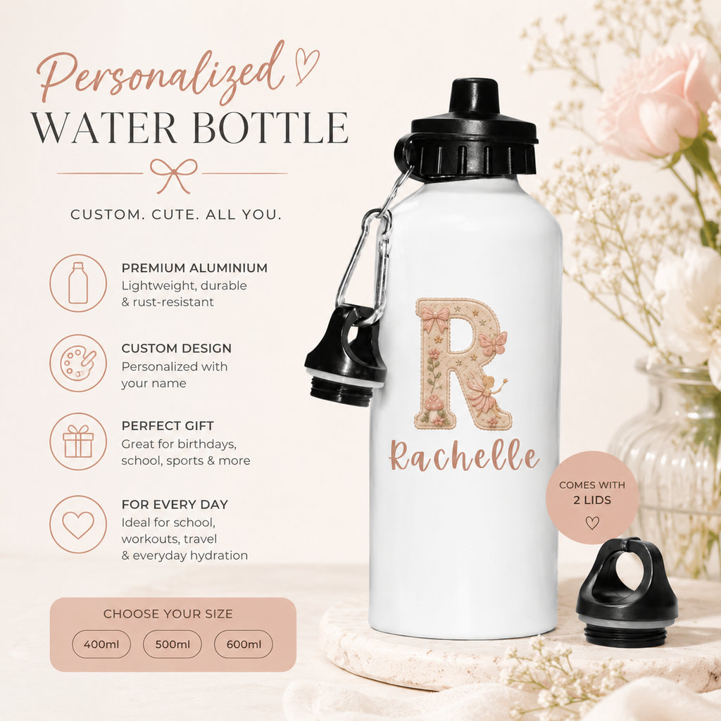 Personalised Garden Fairy Aluminium Water Bottle With 2 Caps (3 Sizes)