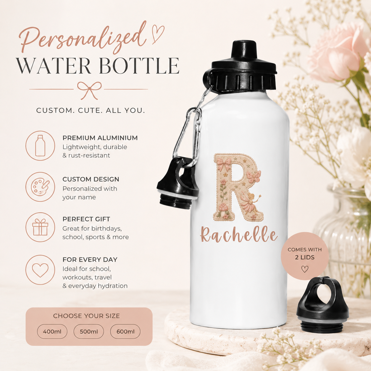 Personalised Garden Fairy Aluminium Water Bottle With 2 Caps (3 Sizes)