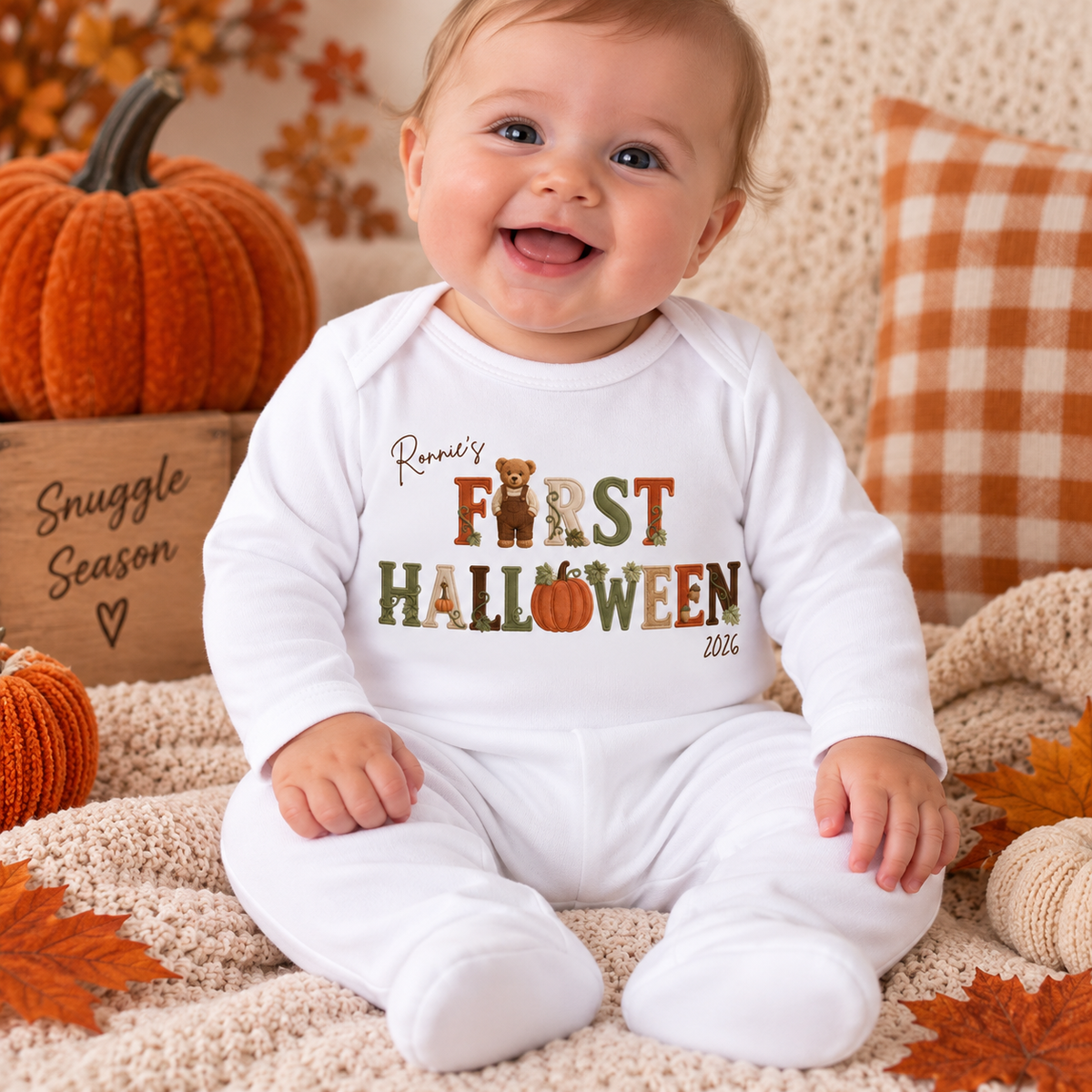 Vintage Pumpkin Bear Personalised Babygrow