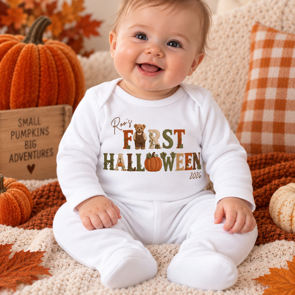 Vintage Pumpkin Bear Personalised Babygrow