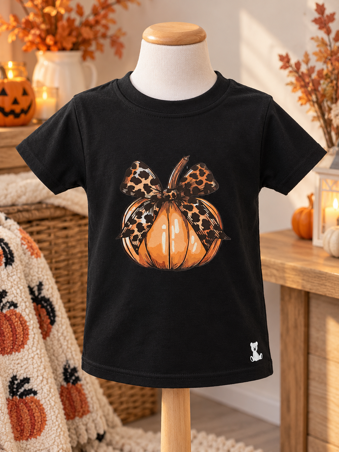 Pumpkin & Leopard Print Bow Black T-Shirt - 2-3Yrs