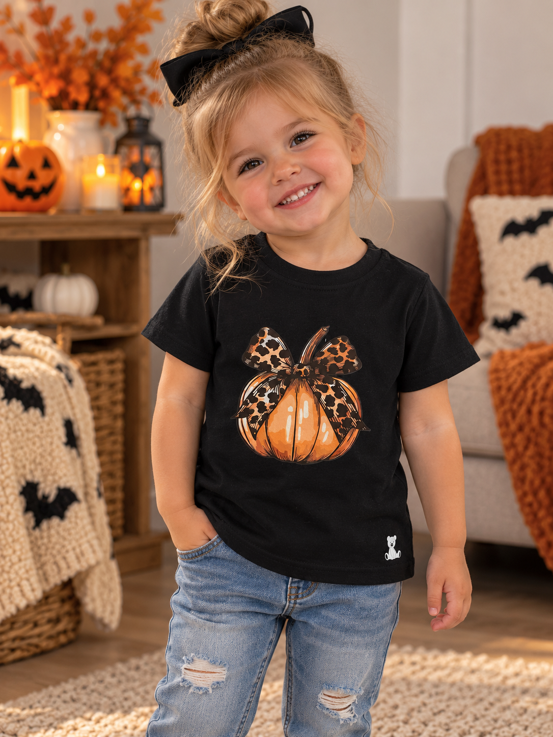 Pumpkin & Leopard Print Bow Black T-Shirt - 2-3Yrs