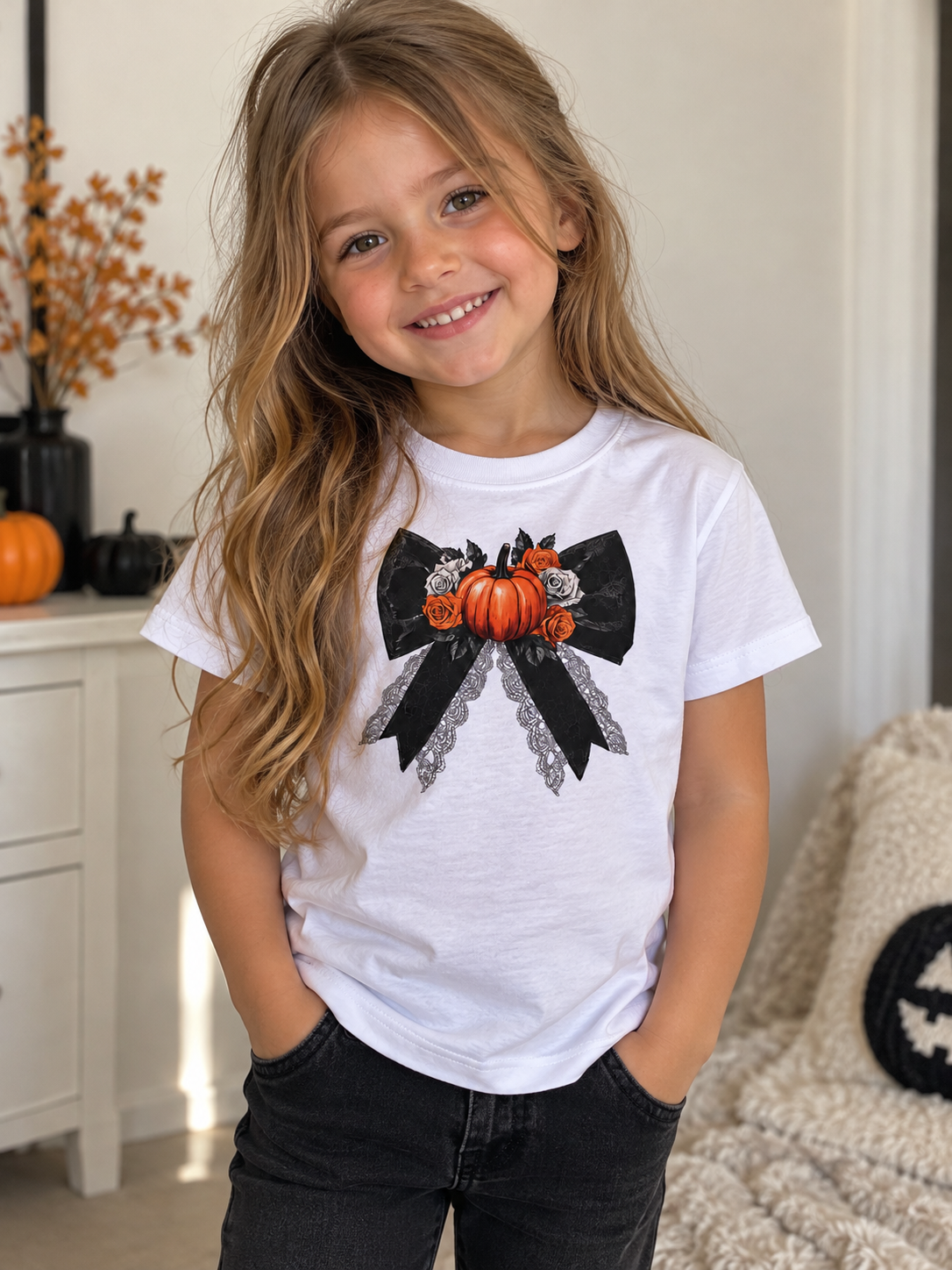 Halloween Pumpkin Bow T-Shirt - 5-6Yrs