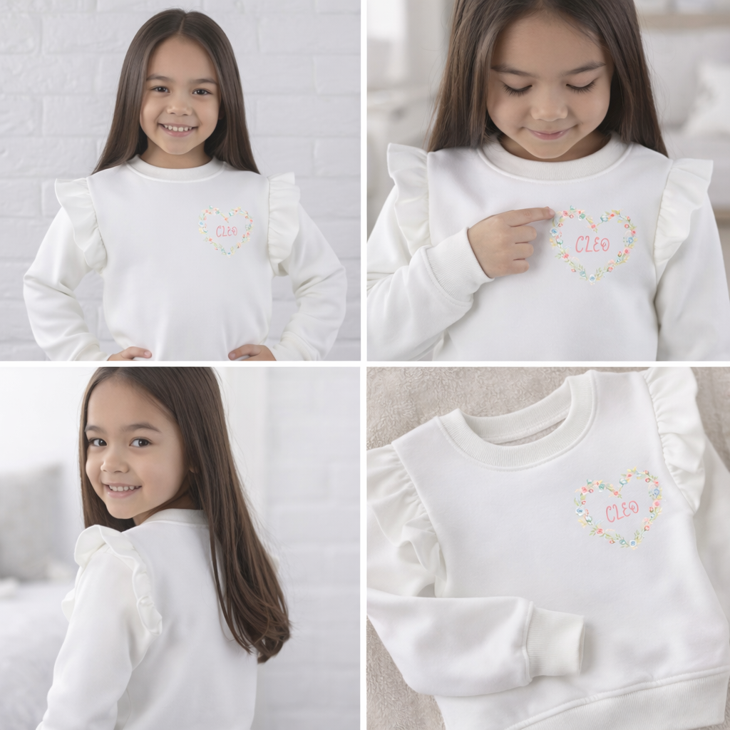 Personalised floral heart frill sleeved sweater
